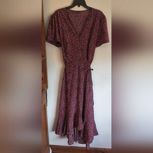 Pretty Garden Wrap Maxi Dress XXL Ruffle Hem Split At Knee Black & Pink Floral.